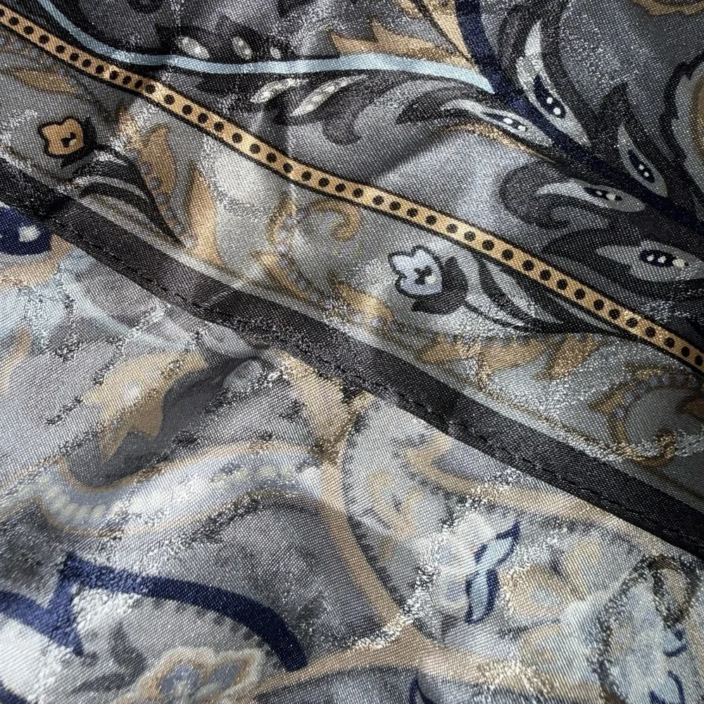 Vintage Talbots 100% Silk Paisley Scarf Shawl Gray Gold Blue Fringe Wrap 16x60